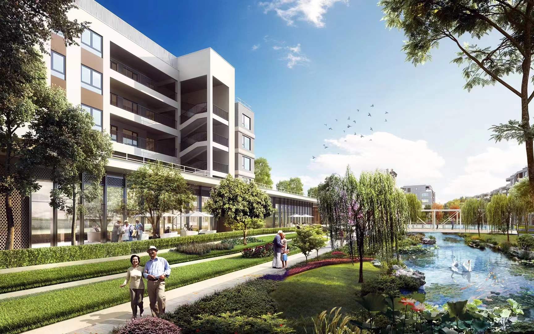 Architectural rendering of the Ardor Gardens senior living resort with landscaped gardens and a lily pond