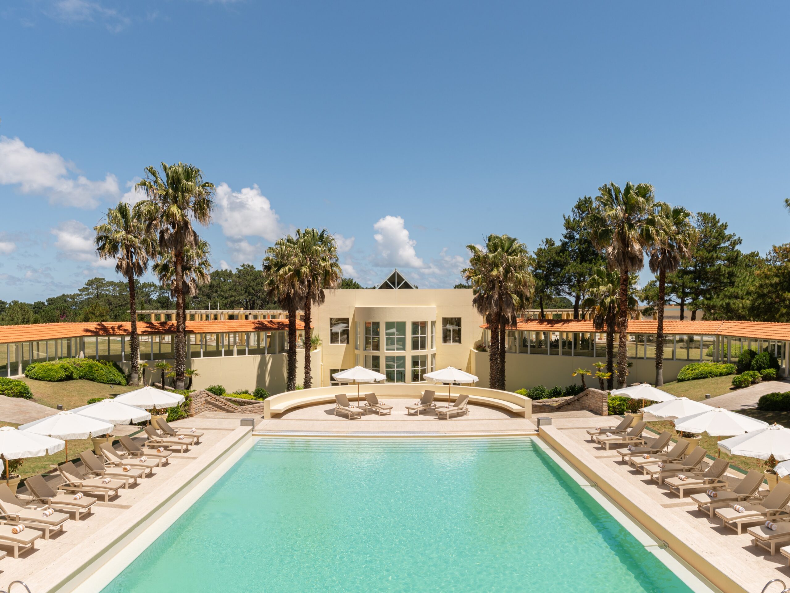 The pool terrace of Locanda Punta del Este framed by palm trees